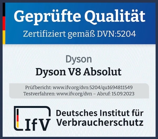 Geprüfte Qualität Zertifikat für Dyson V8 Absolut